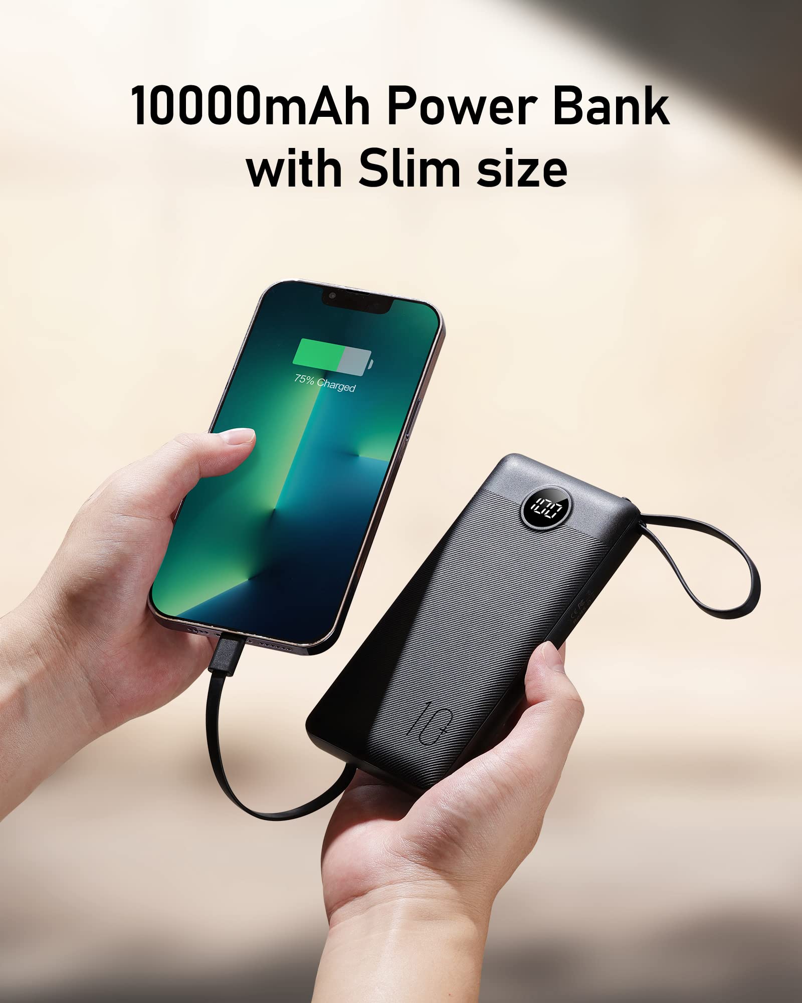 VEEKTOMX Portable Charger Built-in Cables,10000mAh Power Bank for iPhone,Fast Charge USB C Battery Pack Travel Essentials Powerbank Compatible with iPhone 17/16/15/14, Samsung S25/24, Android, etc