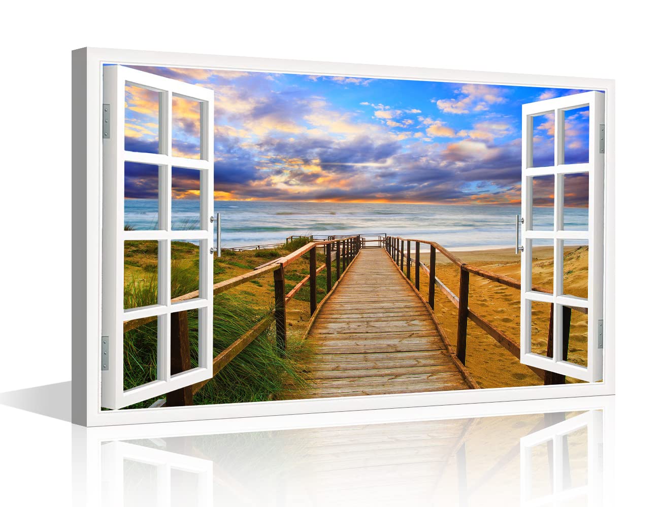 Canvas Wall Art The Pier Leading to the Coast Landscape Wall Painting Window View Modern Artwork Natural Scenery Pictures Home Decorations for Living Room and Bathroom Framed Ready to Hang (24"Wx16"H) — image 1