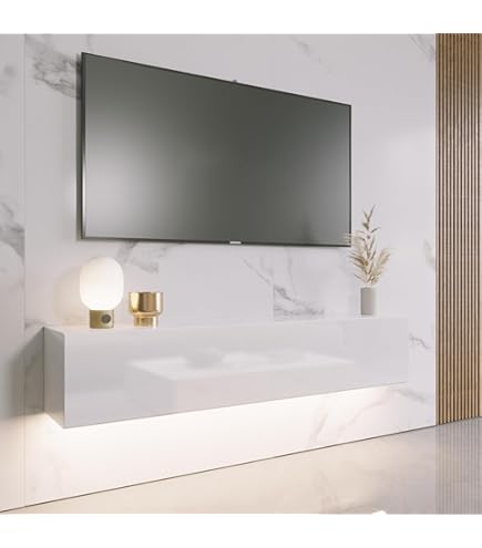 White Floating TV Cabinet Wall-Mounted TV Unit Living Room Suspended TV Bench Solid Wood TV Cabinet(200CM/78.7IN