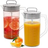 Frcctre 2 Pack Mixing Pitcher for Drinks 2 Quart/ 64oz Plastic Water Pitcher with Lid, Easy-Mix Angled Plastic Blades and Adjustable Mixer Plunger Container for Juice, Milk, Tea, Beverage Container