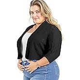 Lastshe Women's Plus Size Shrug Open Front 3/4 Sleeves Cropped Bolero Openwork Fabric Cardigan
