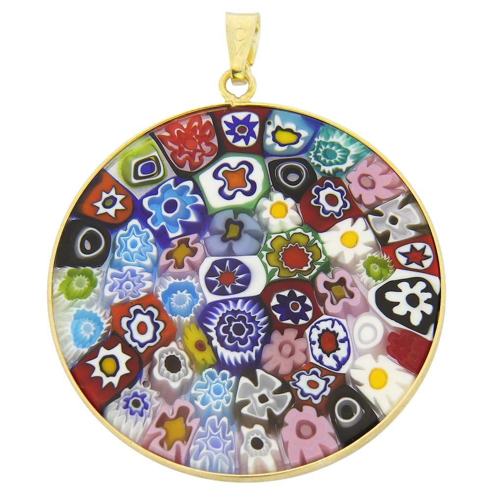 Glass Of Venice Murano Glass Millefiori Pendant Multicolor in Gold-Plated Frame 1-1/2"