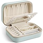 NGVRC Genuine Leather Travel Jewelry Organizer Case with Mirror for Women, Small Mini Portable Jewelry Box for Ring Earrings Necklace Bracelet Luxury Gift for Women（Cyan）