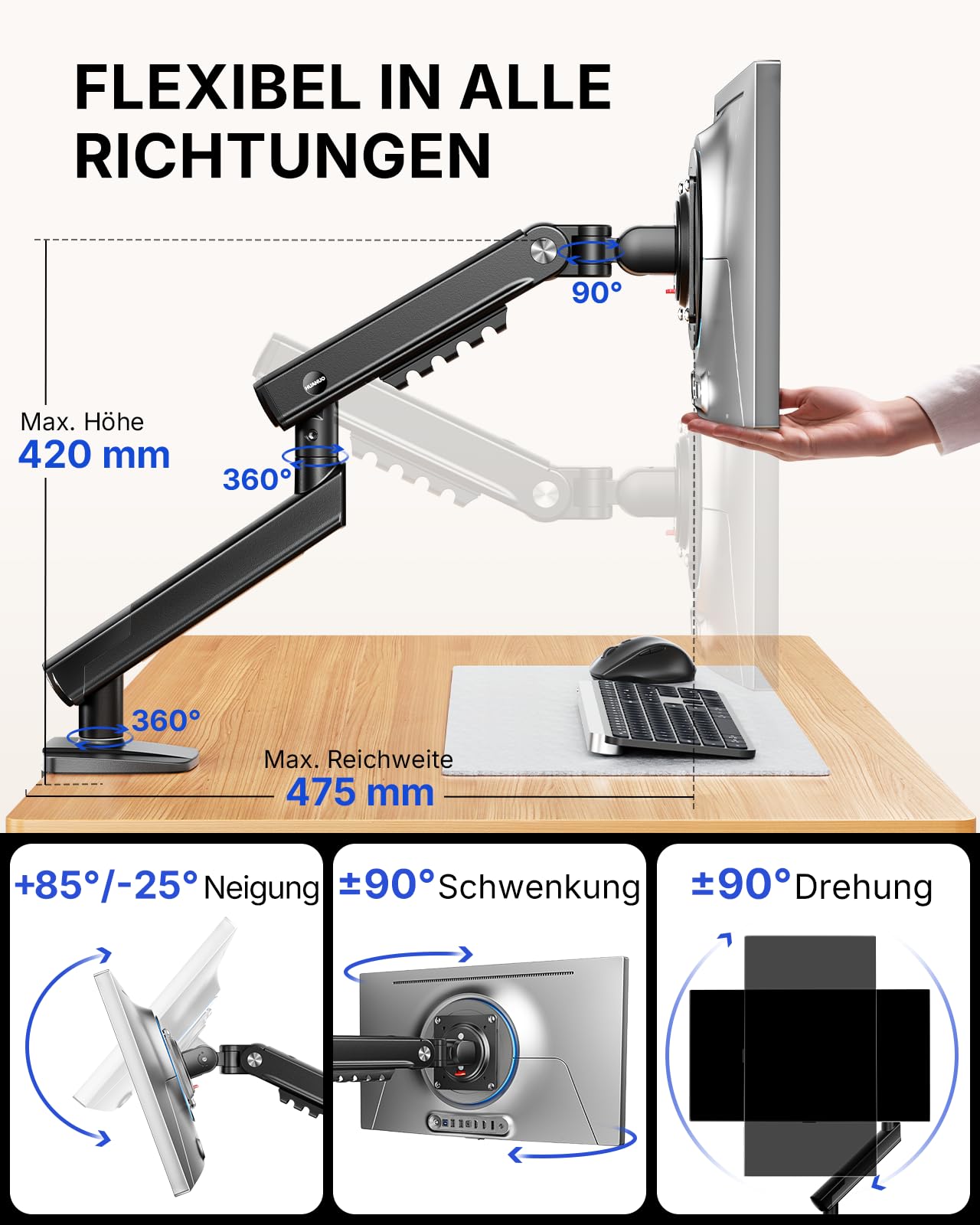 HUANUO Monitor Halterung für 13-32 Zoll, FlowLift Pro Monitorhalterung bis 9 kg, MechaSpring Monitor Arm (Neigung/Schwenk/Rotation) werkzeuglos montierbar, für Gaming & Office, VESA 75/100 mm 6