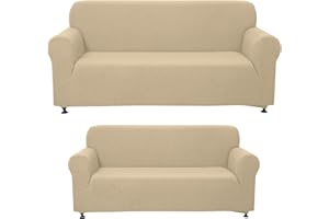 Sapphire Home 2-Piece Sofa and Loveseat Slipcovers, Couch and Loveseat Covers Set, Form fit Stretch, Wrinkle Free, Furniture Protector, Sofa Covers for Living Room, Polyester Spandex (Beige)