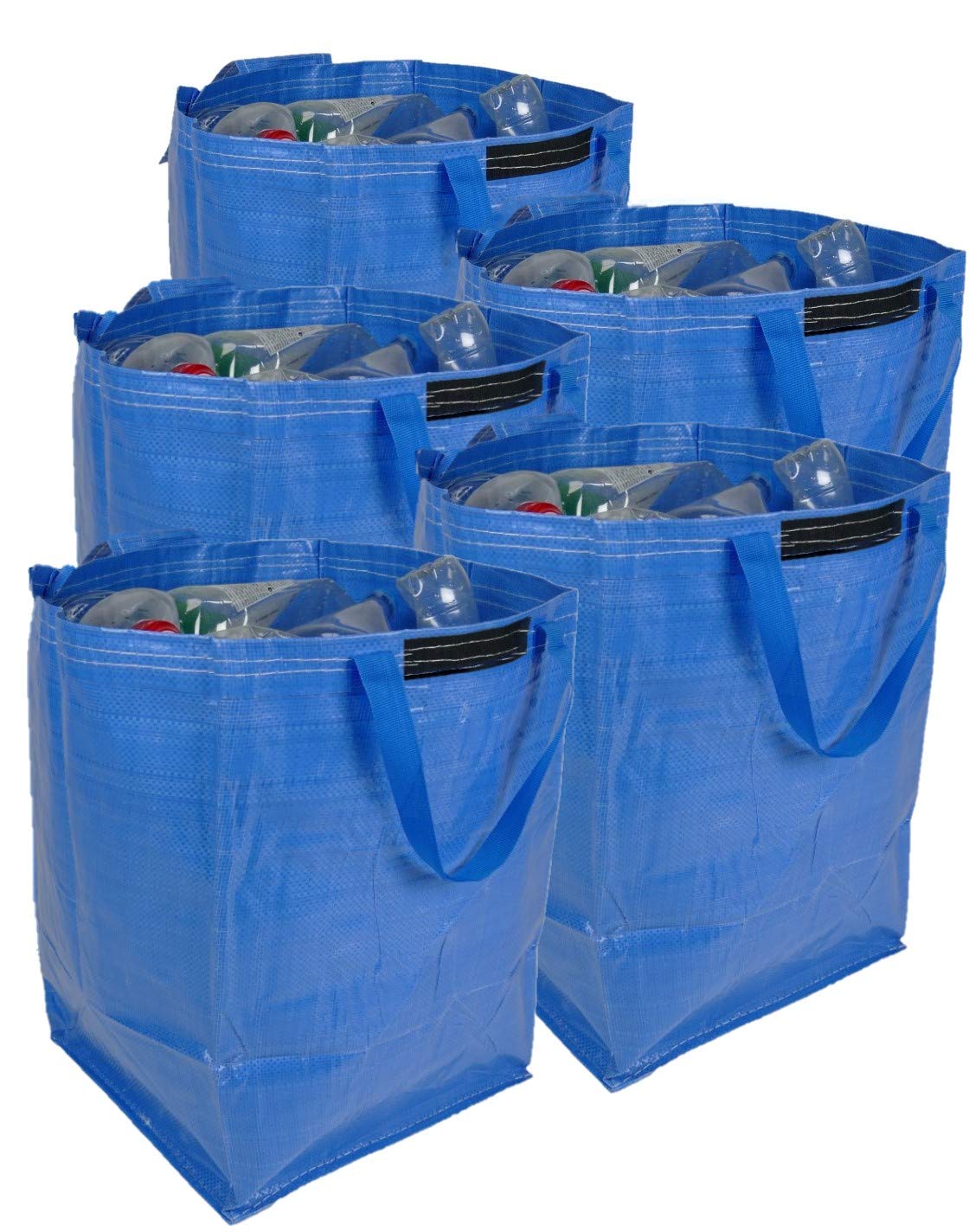 47 Litre Recycling Bag with Top Flap and Handles - Tip Strap - Laminated Wipe Clean Fabric - PREMIUM GRADE - Heavy Duty Woven PP Fabric (5 Bags, Blue)