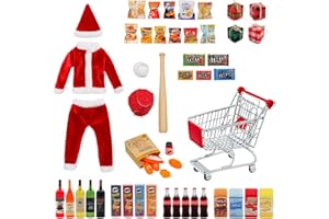 BEIREG Elf Clothes and Accessories - 52Pcs Christmas Elf Clothes Accessories Set Include Elf Santa Clothes Mini Snacks and Drinks Props Mini Shopping cart Christmas DIY Craft Gift for Kids