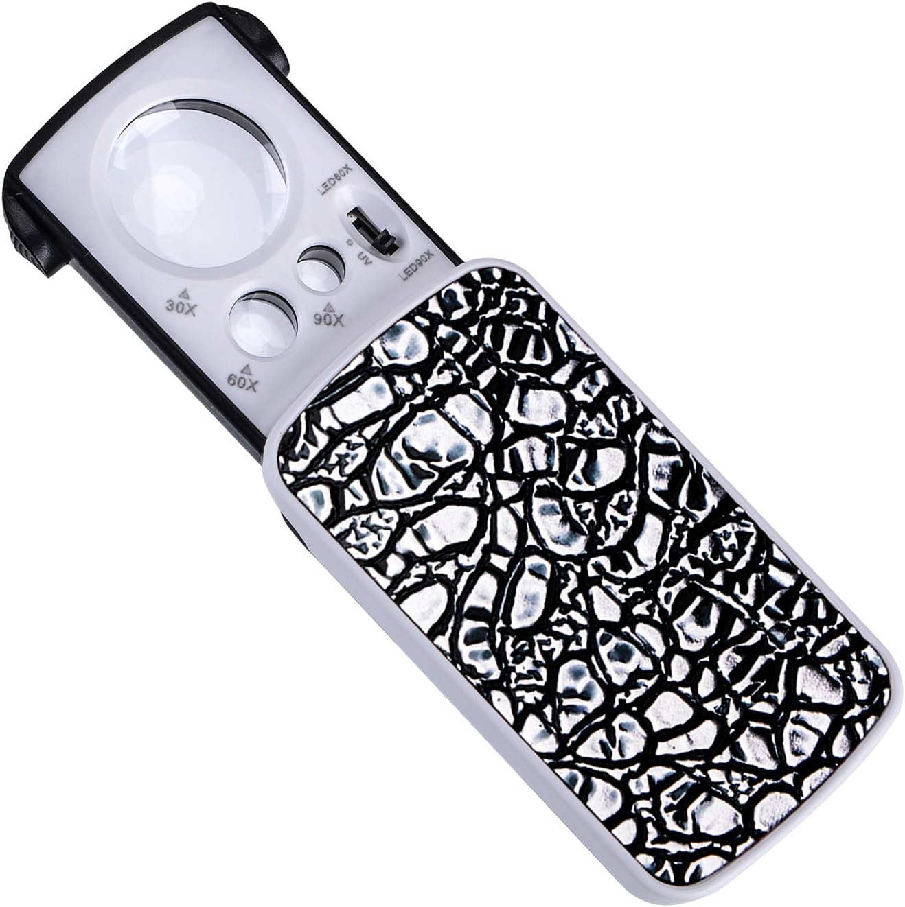 Delixike Slide Out Pocket Magnifying Glass with LED - 30X 60X 90X Magnification - Small Multi-Power Silver Loupe Magnifier for Jewellery, Diamonds, Gems, Coins, Stamps