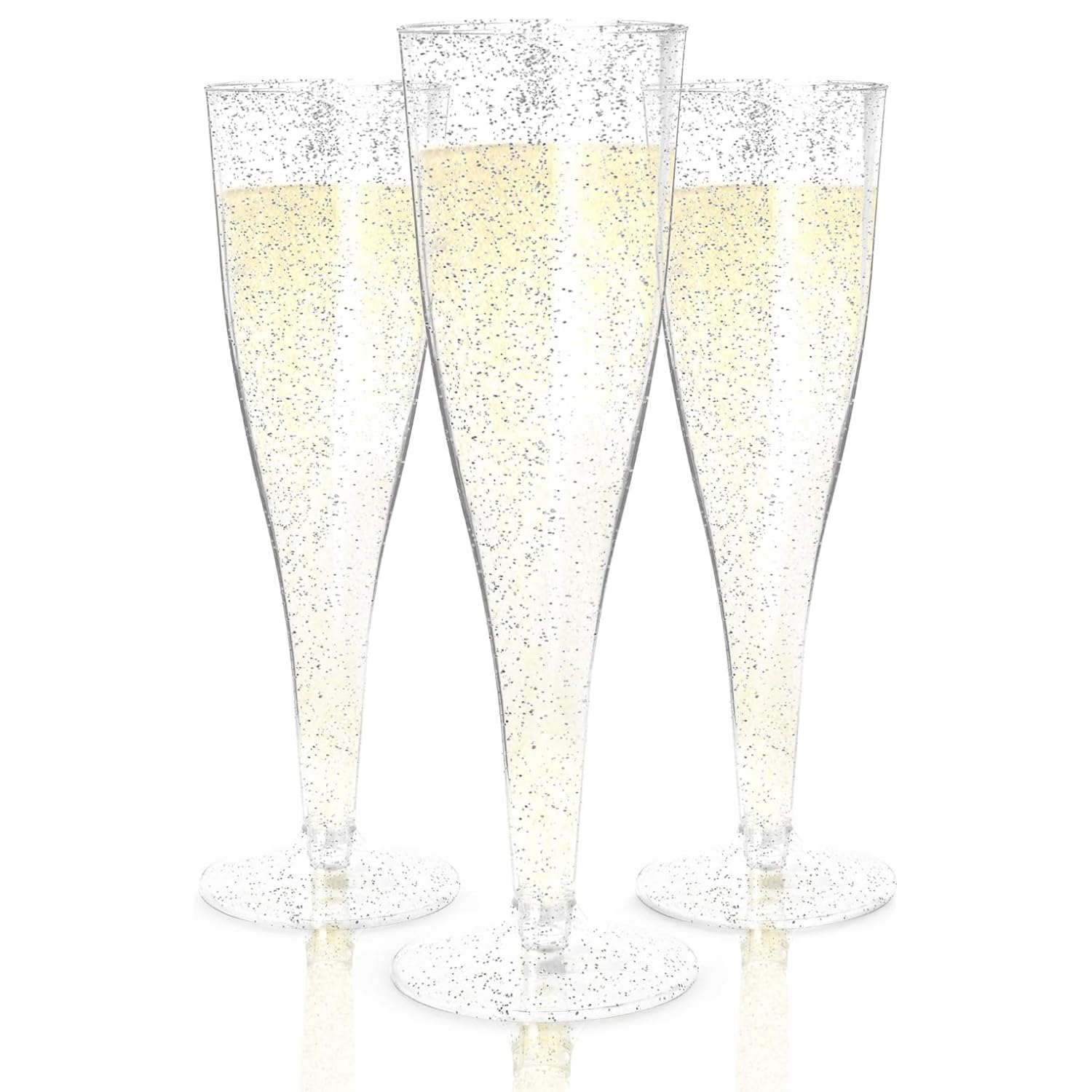 Photo 1 of Prestee 24 Champagne Flutes Plastic - Disposable Flute - Silver Glitter Plastic Glasses for Parties - Mimosa Bar, Wedding, Shower Party, New Years Eve Party Supplies 2025 (Silver)