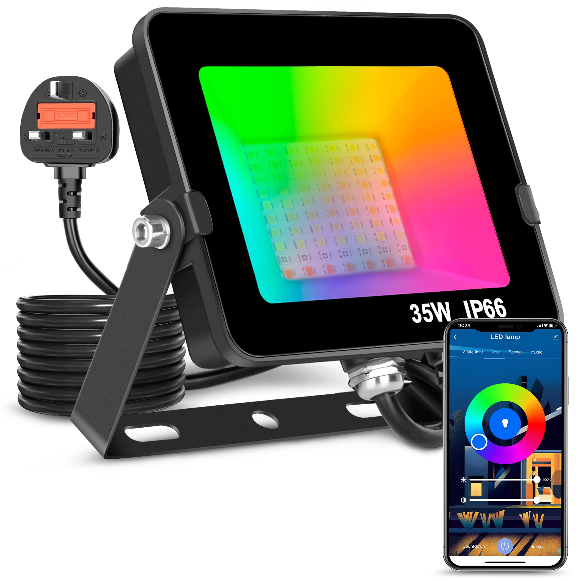 ausyde LED Floodlight Outdoor or Indoor 35W Smart RGB Colour Changing Flood Lights Bluetooth APP Control IP66 Waterproof dimmable Atmosphere Light for Decorative Stage Landscape Garden, UK 3 pin Plug