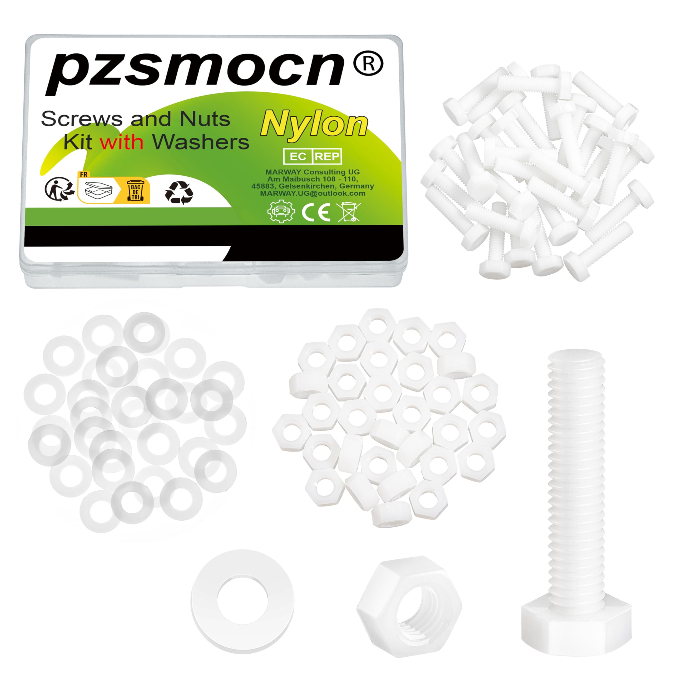 Pzsmocn 90 Pieces/30 Sets M8*30 mm Plastic White Nylon Outer Hexagon Screw Nut Combination Kit, with Insulating Washers, Standard Size, For DIY and Electronic Assembly.