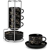 MALACASA 2.5 OZ Porcelain Espresso Cups with Saucers and Metal Stand Set of 4, Stackable Cappuccino Cups, Marble Black Expresso Shots Cup Set for Coffee Drinks, Latte, Tea