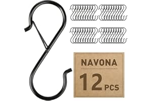NAVONA 12 Pcs S Hooks for Hanging Heavy Duty, 3.5-inch Heavy Duty Metal S Hook with Safety Buckle, Suitable for 0.5 inch Rods, S Hook for Hanging Plants, Closet, Kitchen Utensil, Pot, Pan, Bags