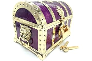 TRUEWON Vintage Metal Jewelry Chest Treasure Trinket Box, Gem Storage Tray Ring Earrings Necklace Keepsake Gift Holder Case Bag for Girls Ladies Women (Large Golden Purple Empty)
