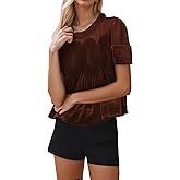 calbatic Women Velvet Lace Mesh Floral Crochet Babydoll Top Short Sleeve Ruffle Hem Blouse Casual Crew Neck Peplum Shirt