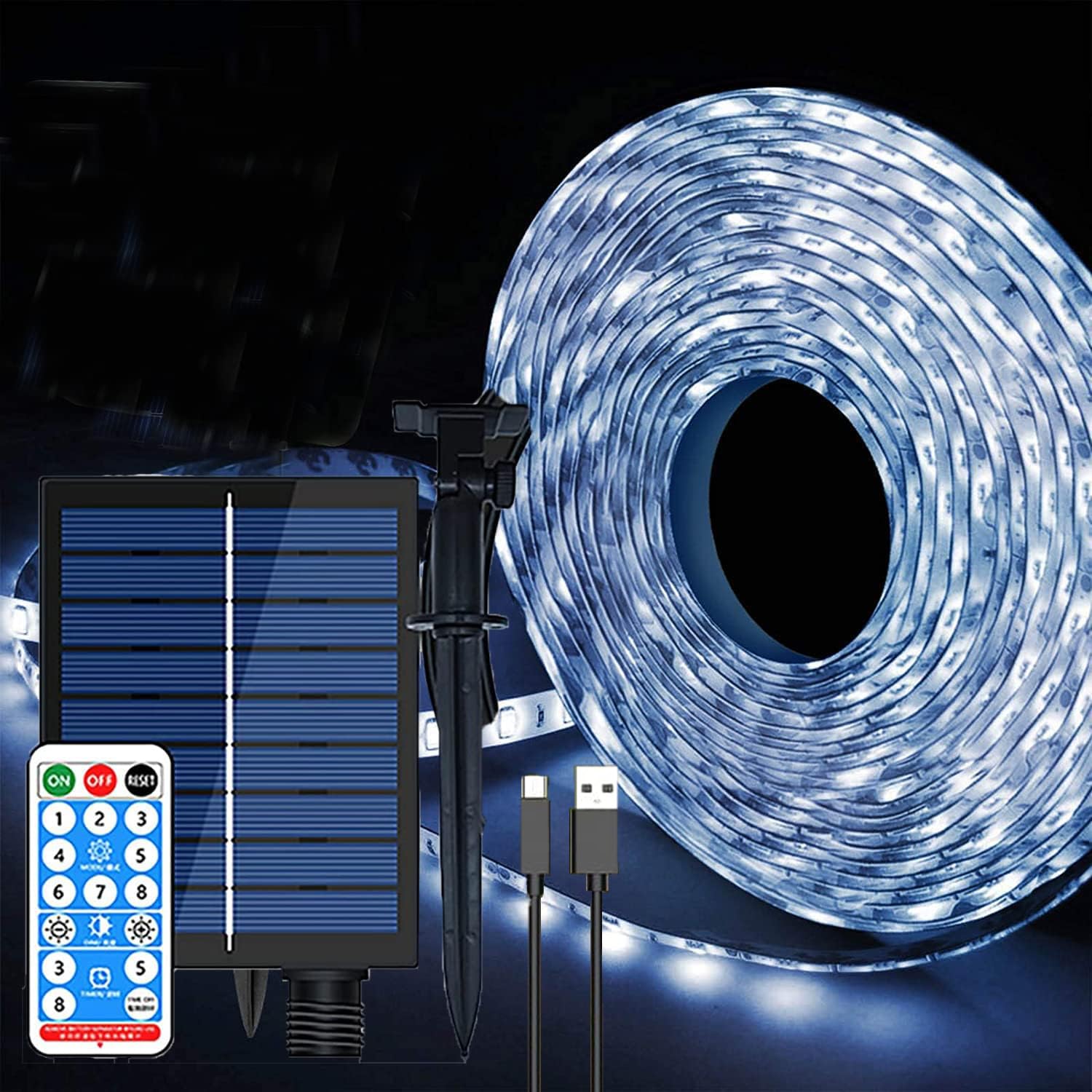 SUAVER Solar LED Strip Lights Outdoor 10M 240LED Strip Waterproof Flexible Rope Ligts with Remote 8 Modes Decoration String Light for Garden Trees Christmas Party Decor (White)