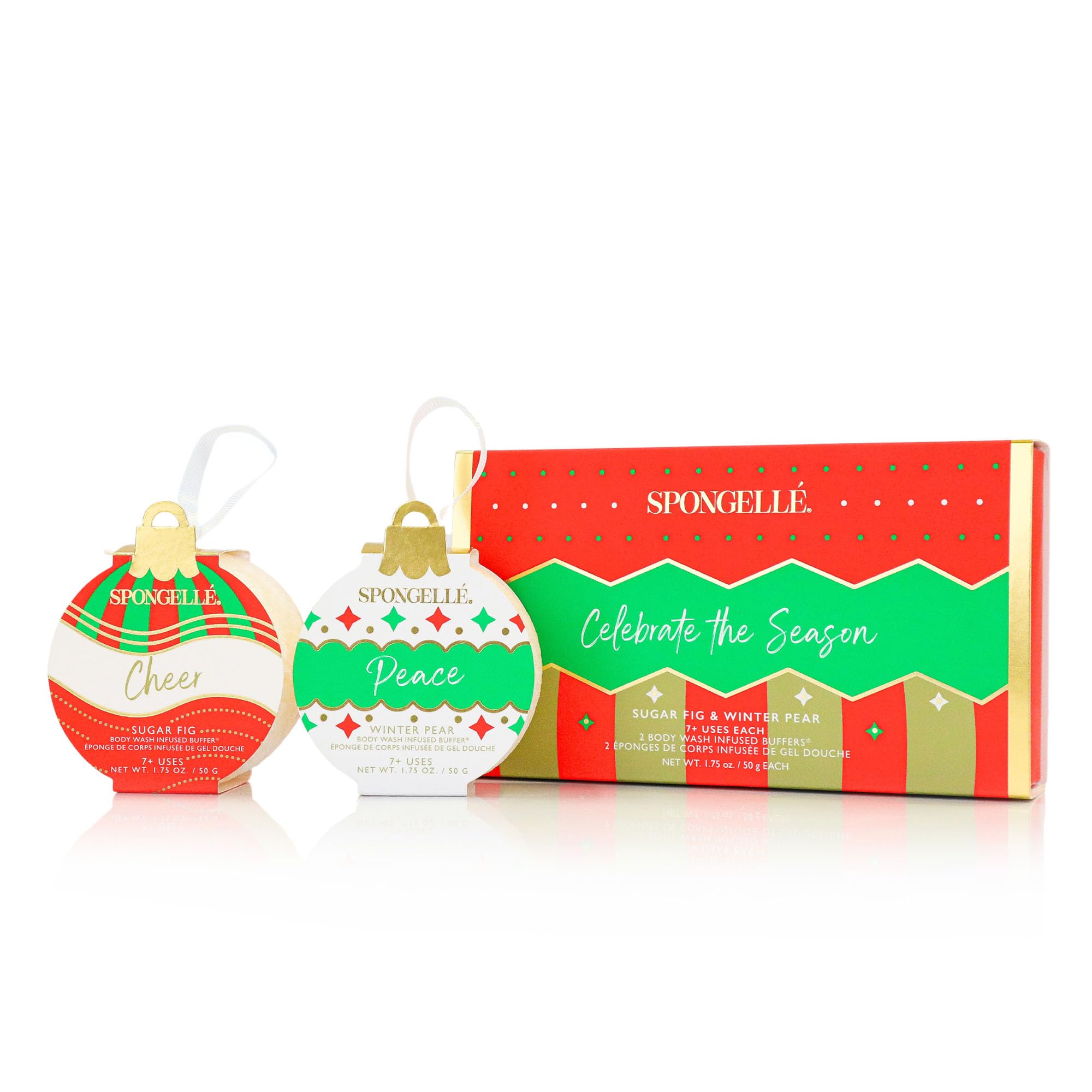 SPONGELLÉ Holiday Ornaments Gift Set Infused Buffers | Moisturising Body Wash & Soap Filled Sponges | Exfoliating Sponge | 7+ Uses Each | Celebrate The Season