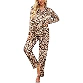 Ekouaer Womens Satin Pajama Set Classic Pattern Silky Pj Sets Button Down Sleepwear Loungewear