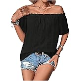 WDIRARA Women's Off The Shoulder Top Short Sleeve Eyelet Embroidery Loose Blouse