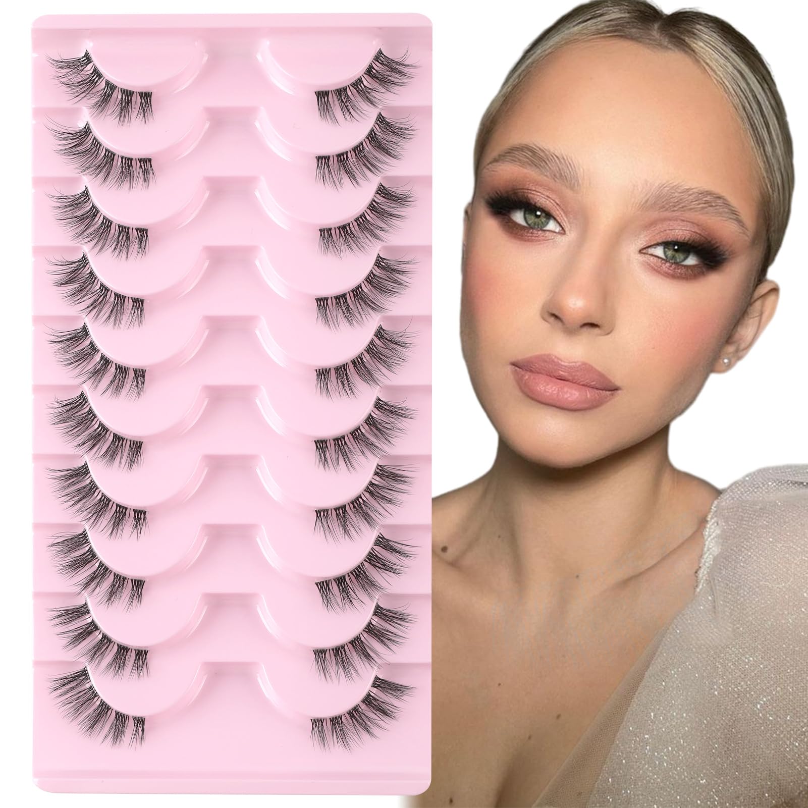 Sixstarhair Half Lashes with Clear Band False Eyelashes Natural Look 10 Pairs Handmade Soft Cat Eye Lashes Wispy Reusable 3/4 Corner Lashes