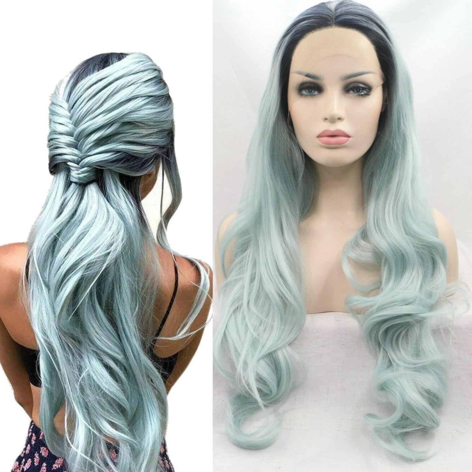 Long Blue Wig for Women 26Inch Wavy Dark Root Ombre Blue Hair Wigs Synthetic Hair Replacement Wig Heat Resistant Hair Wig for Daily Party Use