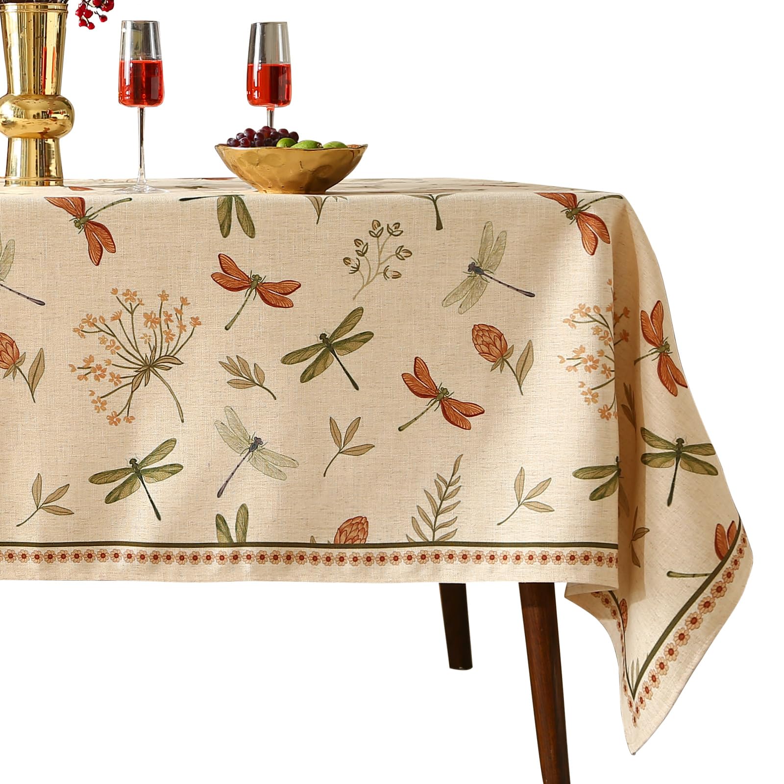 Photo 1 of ISAENNE French Rectangular Tablecloth,Linen Table Cloth with Flowers and Red and Green Dragonflies Pattern,Heavy Durable Table Cover for Dining Thanksgiving Kitchen Party Christmas,63"*110"