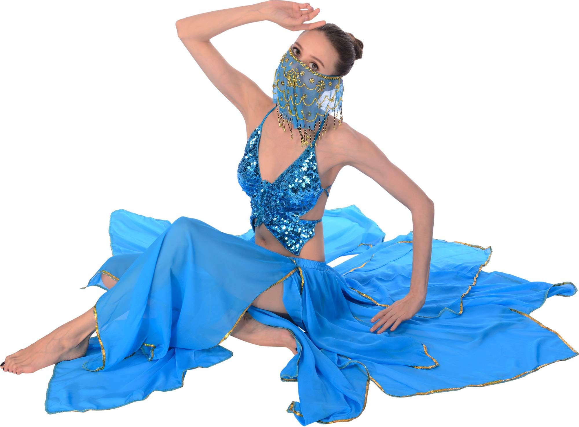 RosaDIY Blue Belly Dance Skirt Belly Dance Sets India Dance Outfit Chiffon Fairy Fancy Skirt Genie Outfit for Women 6 8 10 12 14 16