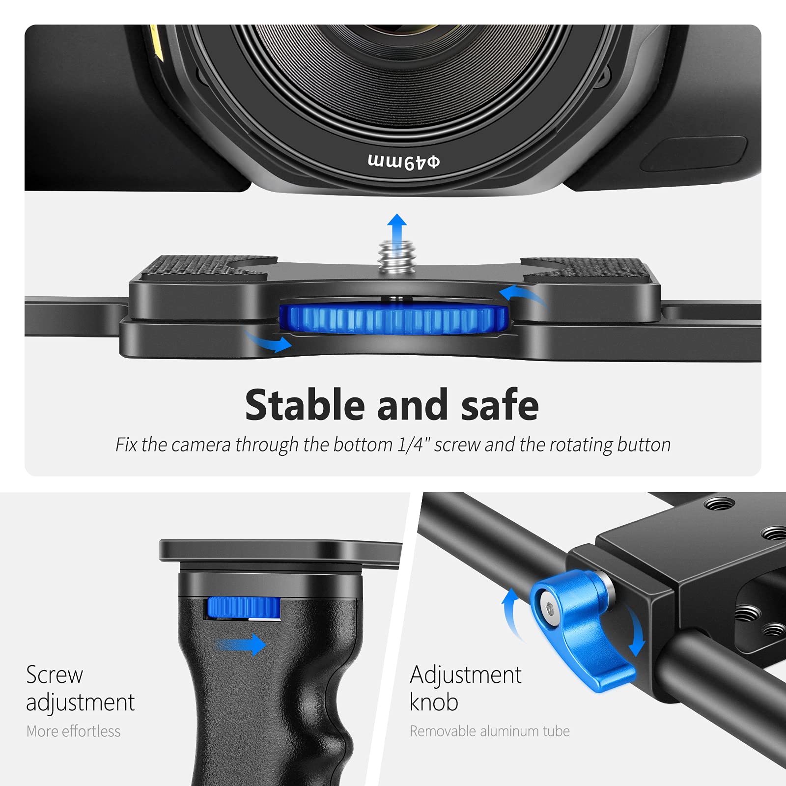 NEEWER Camera Video Cage Film Movie Making Kit, Aluminum Alloy with Top Handle, Dual Hand Grip, Two 15mm Rods, Compatible with Canon Sony Fujifilm Nikon DSLR Camera and Camcorder (Black + Blue)