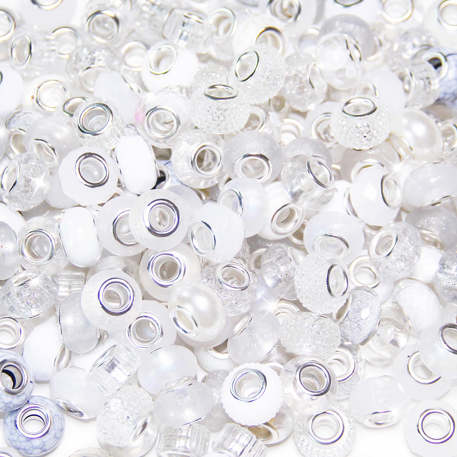 Photo 1 of 150pcs European Large Hole Beads,Assorted European Craft Beads White Big Hole Fairy Wands Garden Beads Large Hole Lampwork Spacer Beads for DIY Pens Charms Jewelry Making Supplies