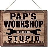Pap's Workshop Sign - Father's Day Gift, Decorative Hanging Wood Plaque for Wall, Funny Gift for Mechanic, Cool Workshop Wall Hanging Decor, Farmhouse Door Hanger