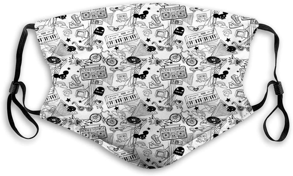Comfortable Printed mask,Black and White, Punk Teenage Pattern Cassette Keyboard Ghost Heart and Boombox Doodle,Black White,Windproof Facial decorations for Teens Size：S