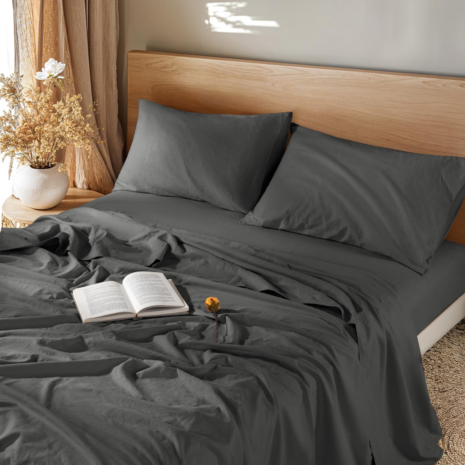 Photo 1 of LBRO2M Linen French Flax Cotton Blend Sheets - Deep Pocket 16 Inch, 4 Pcs Bedding Queen Set, Soft, Breathable, All Season (Queen, Dark Gray)