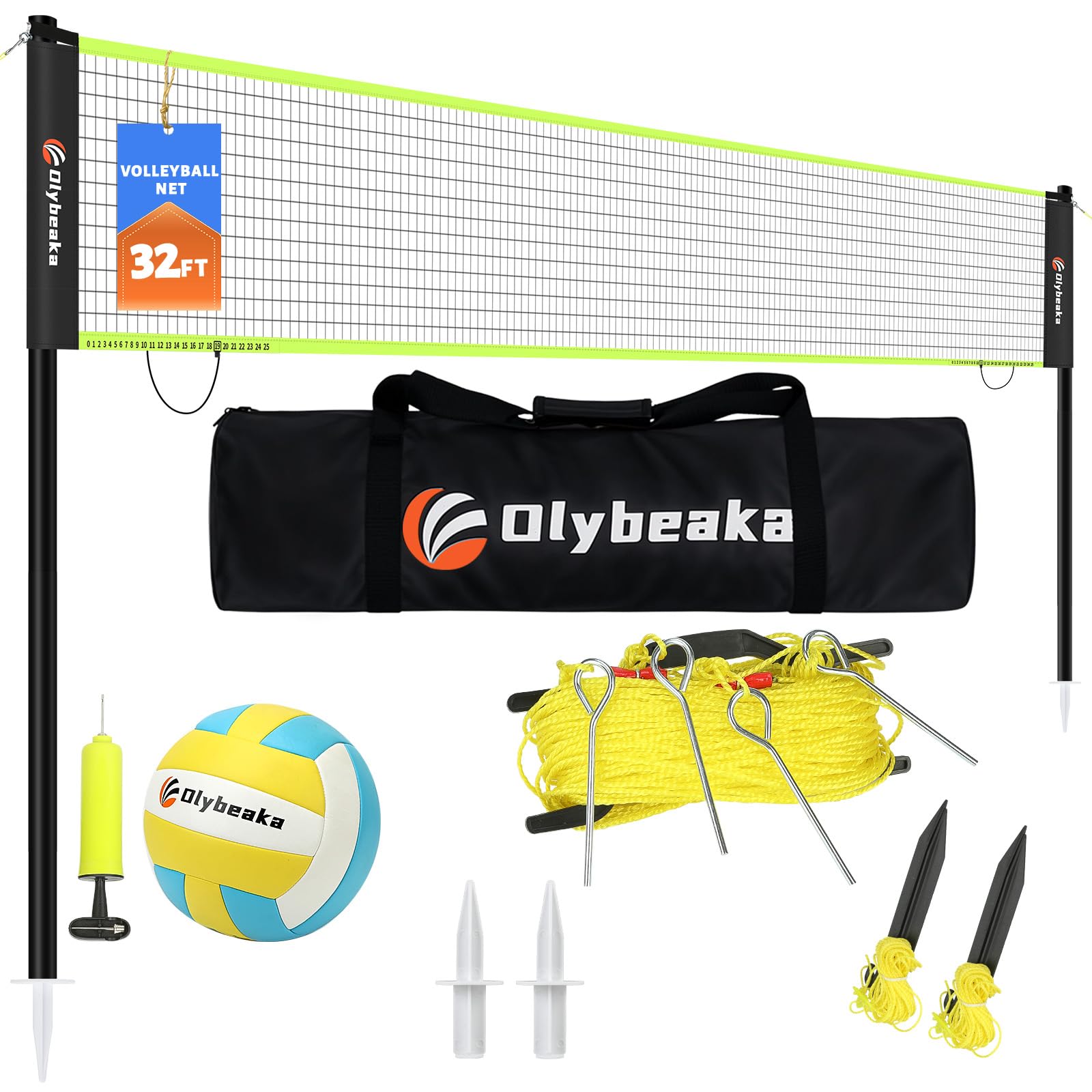 Photo 1 of 32ft Regulation Size Portable Outdoor Volleyball Net Set System for Backyard Beach with Height Adjustable Poles, PU Volleyball and Pump, Carry Bag, Boundary Line - Easy Set Up & Anti-Sagging