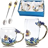 DUMVOIN Tea Cup Glass Coffee Mugs,Fancy Tea Cup Set Birthday Christmas Valentine's Day Gift Idea for Tea Lover and Women Novelty Coffee Mugs Rose Flower Enamel Tea Cup Glass Mug with Spoon Set