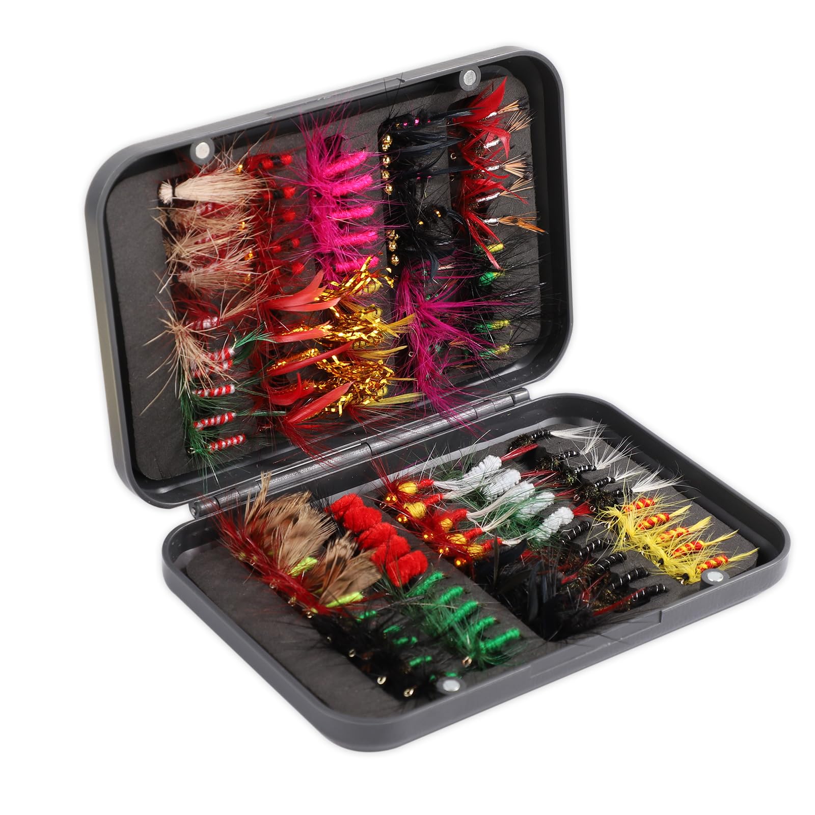 100pcs Fly Fishing Kit - Assortment with Storage Box, Wet & Dry Flies, Nymphs, Streamers, Lures & Bait, Hooks for Trout, Bass & Salmon