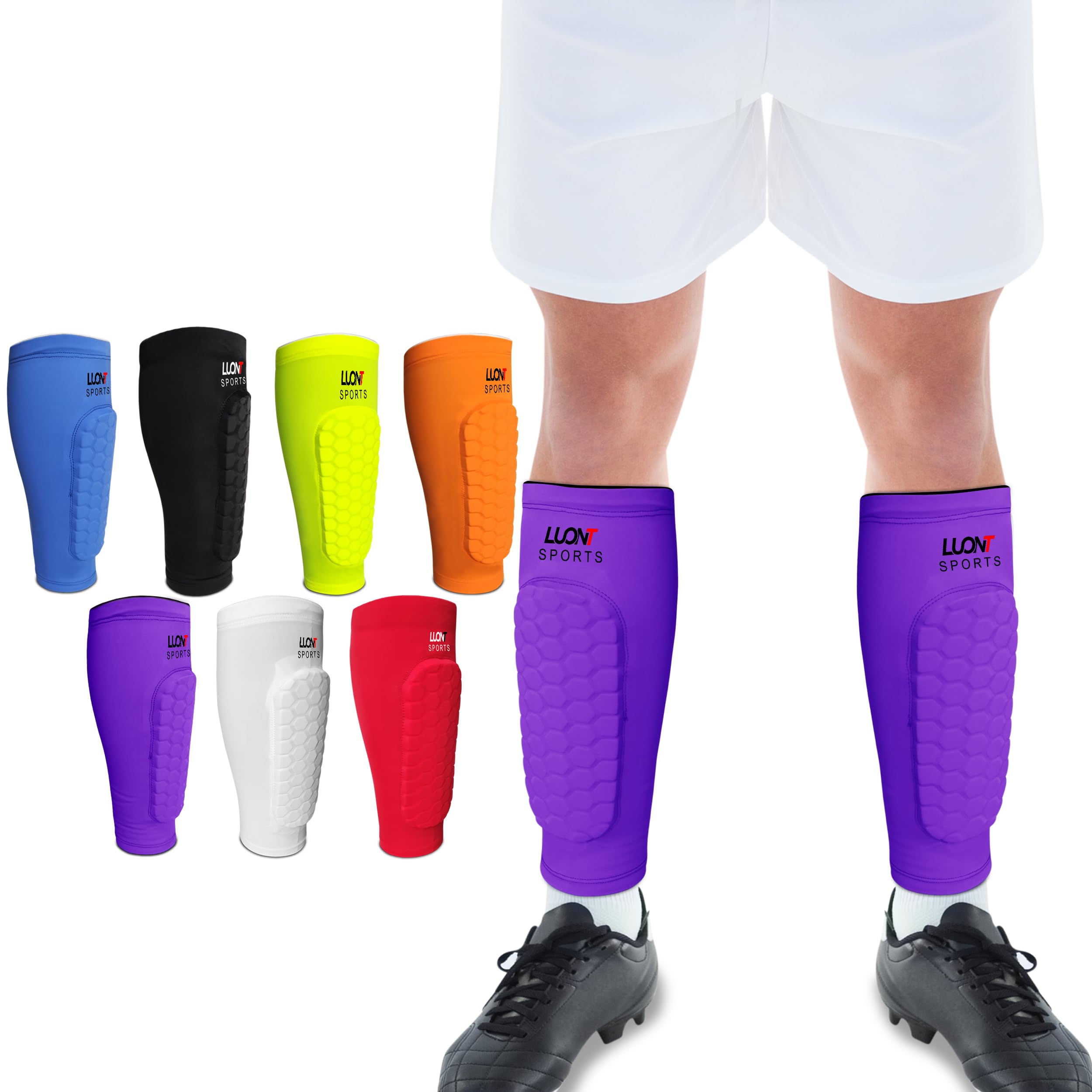 LUONT - Soccer Shin Guards for Men, Women & kids | Protective Football Soccer Pads with Superior Impact Absorption, Breathable, & Lightweight | Football Shin Guards Sleeves (XL, Purple)