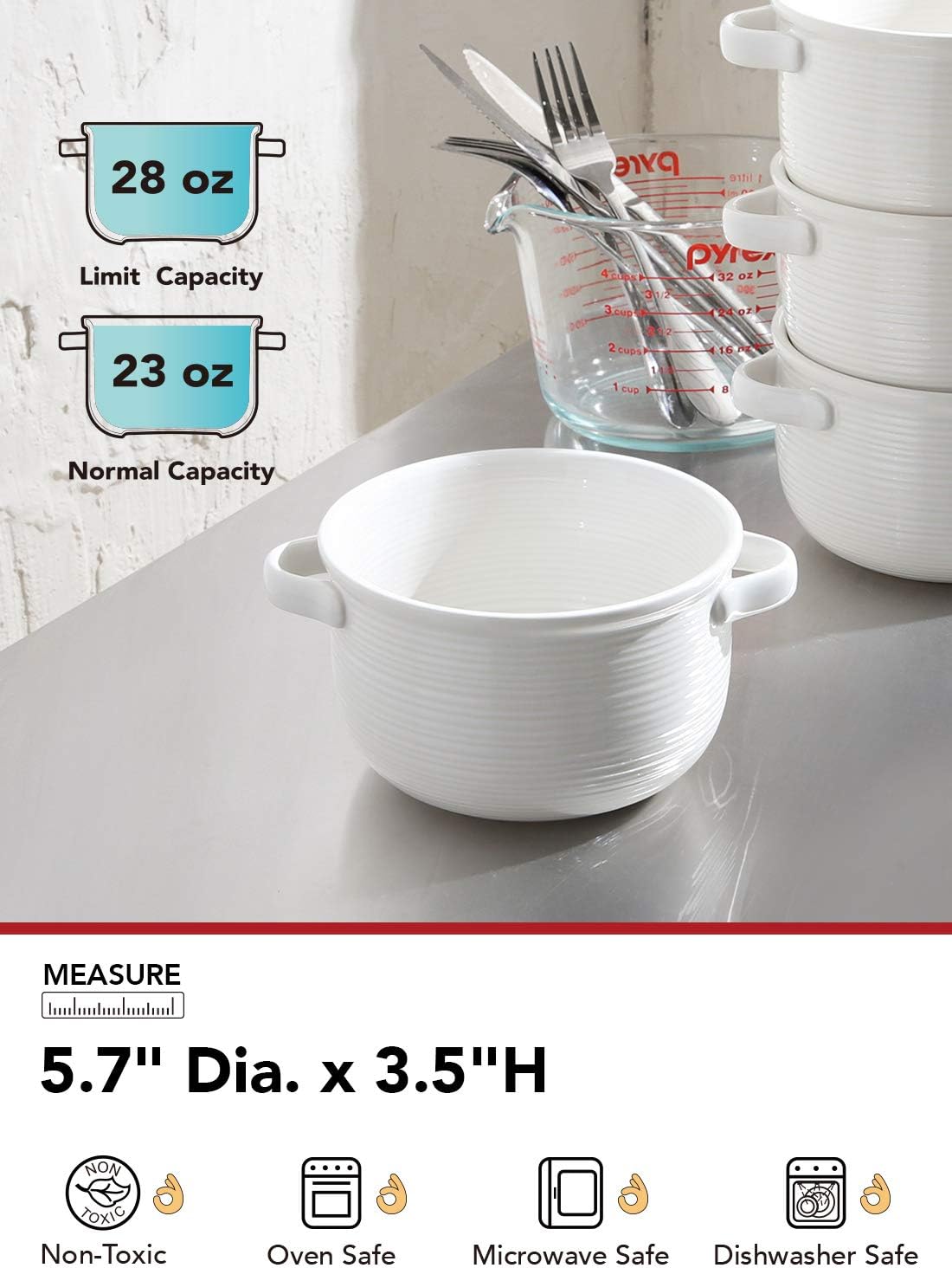  | LE TAUCI Soup Bowls With Handles, 28 Ounce for Soup, chili, beef stew, Set of 4, White: Soup Bowls