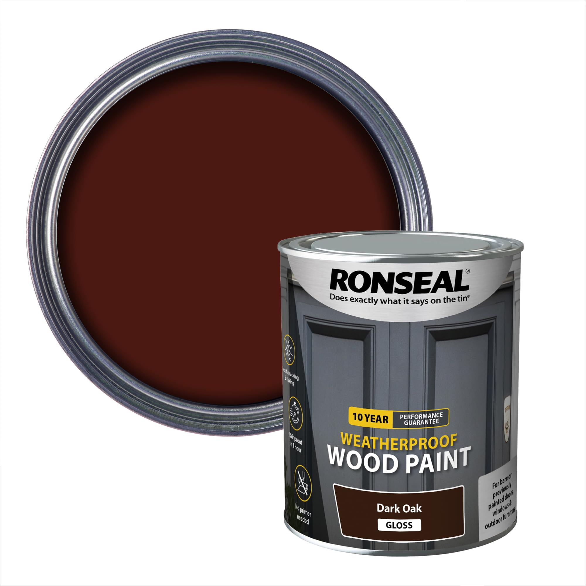 Ronseal 10 Year Weatherproof 2-in-1 Wood Paint Dark Oak Gloss 750ml