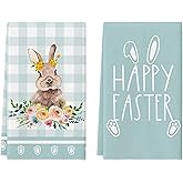 ZCHOMI Happy Easter Bunny Kitchen Towels Set of 2 Blue Buffalo Plaid Rabbit Dish Towels Spring Holiday Decorative Hand Towels for Cleaning Drying Cooking Baking, 18x26 Inch