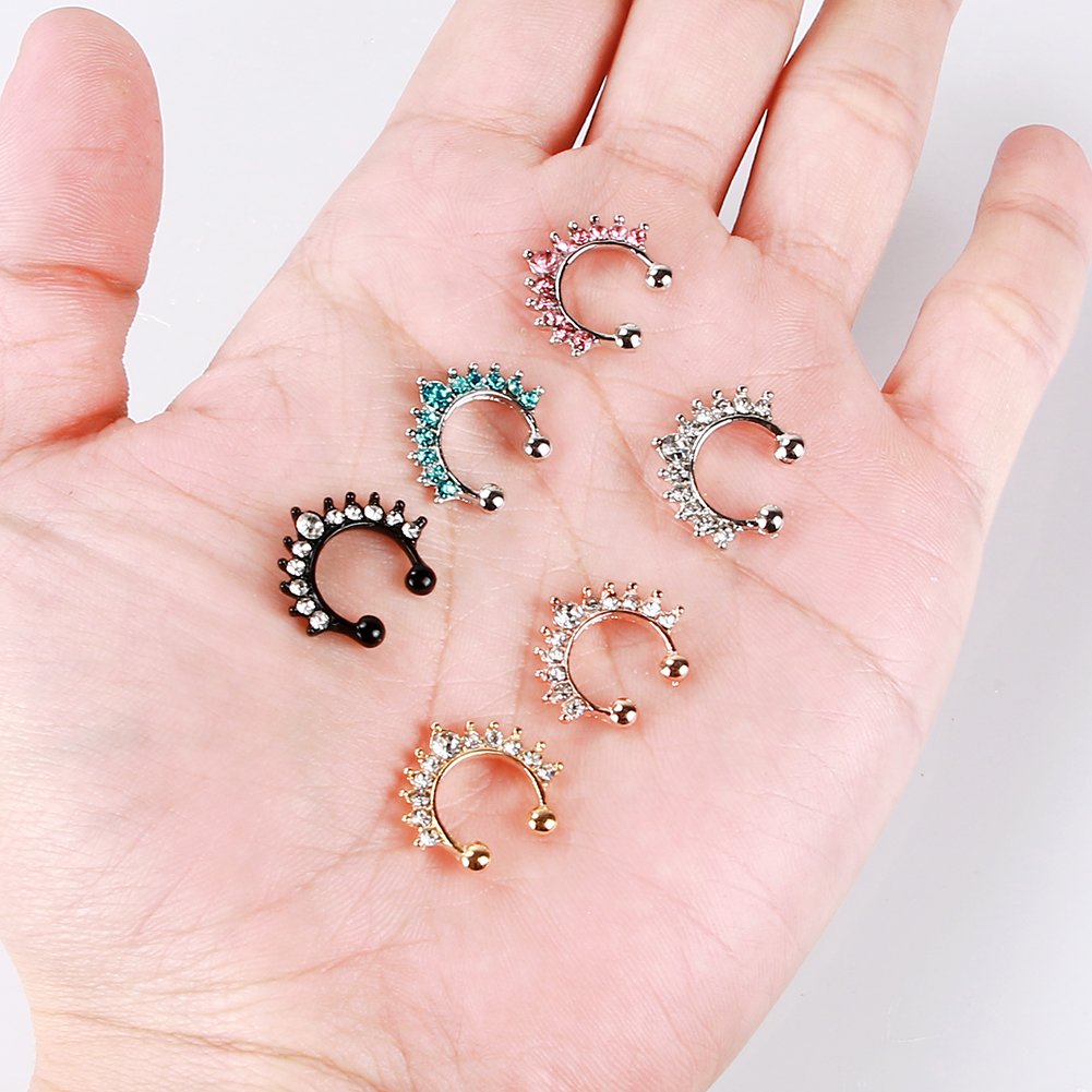 Septum Fake Nose Ring , 6PCS Women Crystal Faux Nose Rings Non-Piercing Jewelry Clip On Clicker Black/White/Gold/Rose Gold- Gift Choice (6PCS)