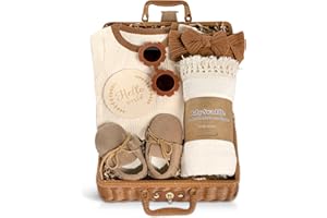 iAOVUEBY Baby Girl Gifts, Baby Shower Gifts for Girls, Unique Baby Gift Essential Stuff Newborn Swaddle Wrap Sunglasses Infant Bow Onesie Milestone Cards Tassel Shoes, New Born Baby Girl Gift Basket