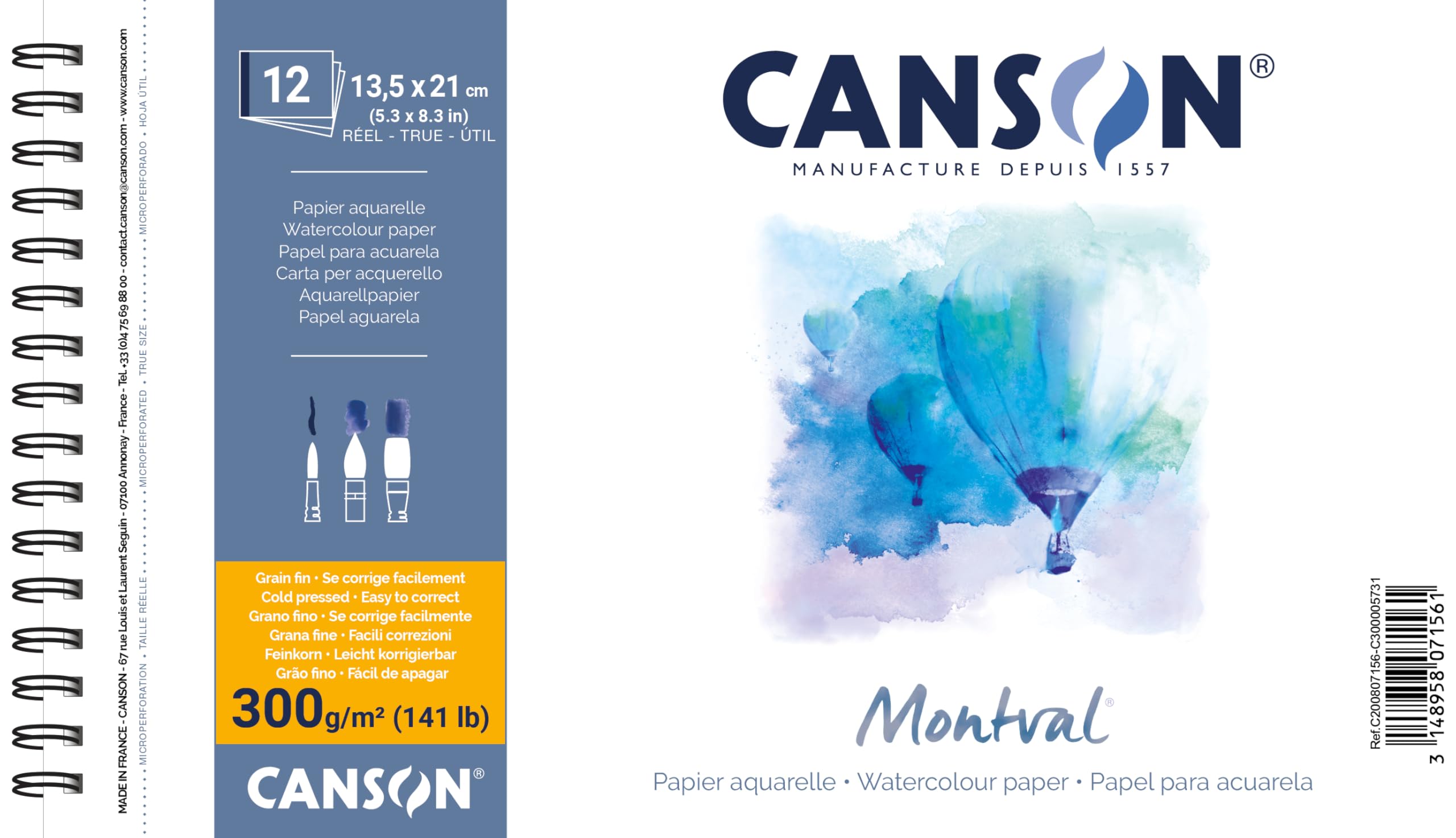 Canson Spiral-Bound Notepad AQ Montval Fine Watercolour 300 g/m² 12 Sheets per Pad Spiral on Short Side White 13.5 x 21 cm White