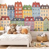 Large Village Kit Wall Decal for Kids Bedroom - Copenhagen Buildings Rooftop Watercolor Decoration - Girls Boys Room Art Mural Vinyl Sticker