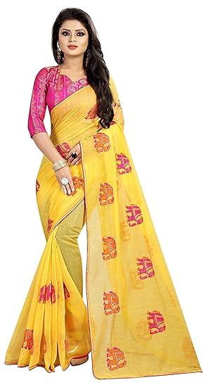 Womens Chanderi Cotton Elephant Embroidery Work Saree with Jacquard Works Blouse Piece (Yellow)
