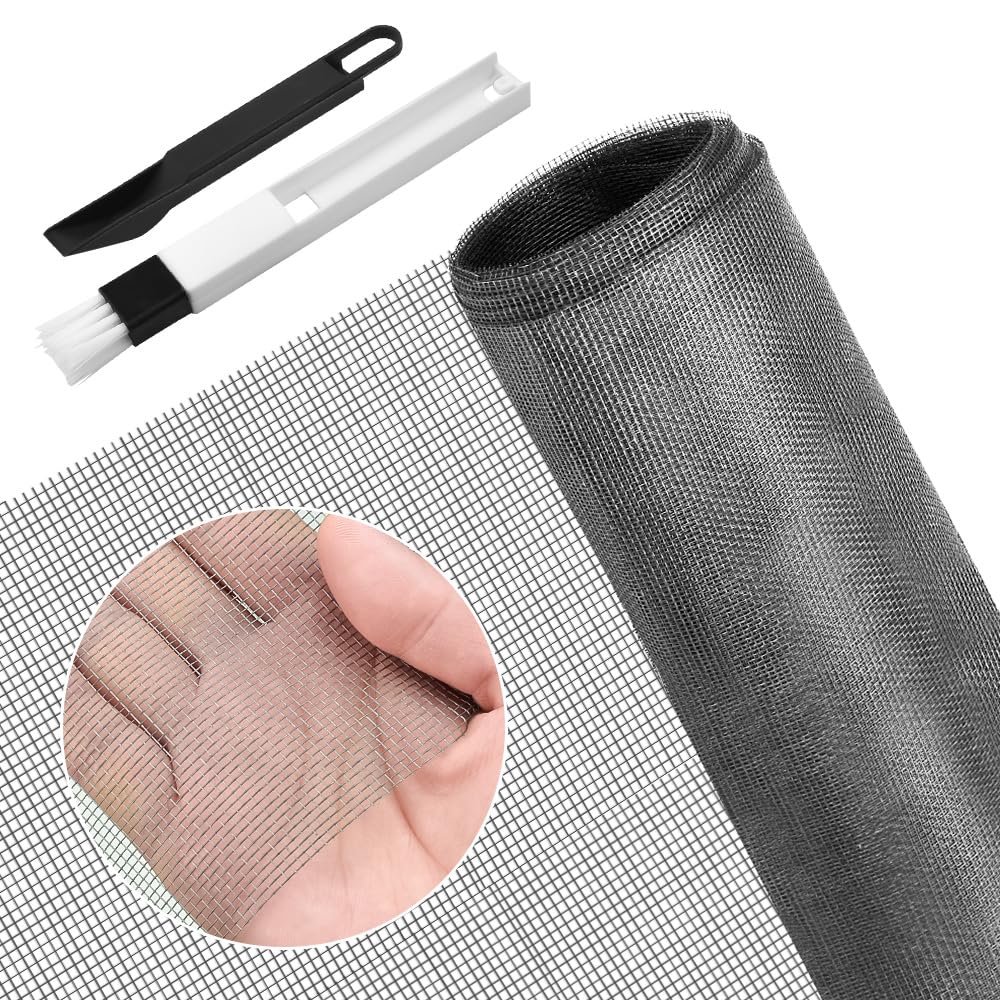 BUZIFU Window Screen Mesh 90 x220cm Fiberglass Screen Fly Screen Wire Mesh Insect Mesh Replacement Cuttable Mosquito Net Pet Screen with Cleaning Brush for Windows Doors Patio, Cat-Proof, Grey