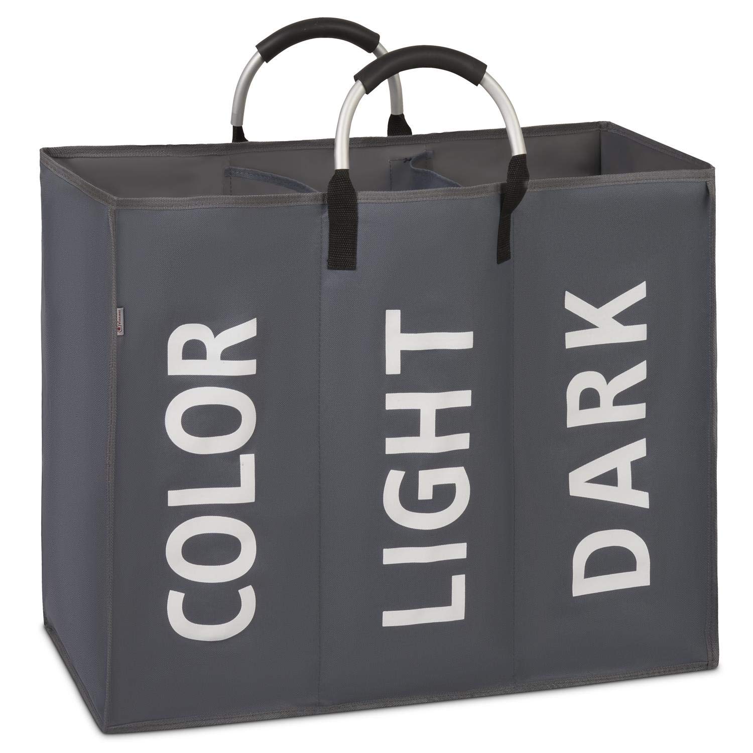 Vinsani Colour Light Dark 3 Sections Laundry Hamper Collapsible Bag Foldable Cloth Basket Portable Storage Bin with Carry Handles for Bathroom Bedroom, Dark Grey
