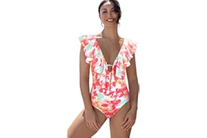 Sporlike Women One Piece Swimsuit V-Neck Ruffle Bathing Suit Padded Monokini