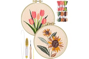 ERKOON Punch Needle Kit Adults Beginners, 2 Pcs DIY Easy Flower Embroidery Set for Starter Art Craft, Needling Punching Project with Patterns, Tools, Yarns, Hoop, Instruction (Sunflowers & Tulips)