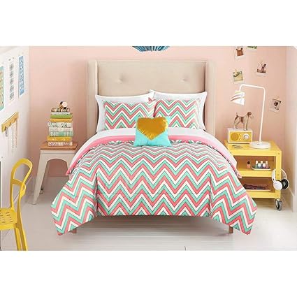 8 Piece Girls Hot Pink Blue Chevron Themed Comforter Queen Set Pretty Chic Multi Color Horizontal Zigzag Bedding Girly Cotton Candy Rainbow Zig Zag