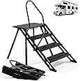 RV Steps Foldable, Aluminum Step Ladder 4 Step Folding Adjustable Steps Height with Handrail and Non Slip Feets for 5th Wheel RV, Travel Trailer, Home, Camper, Spa, Hot Tub Steps, and Porch